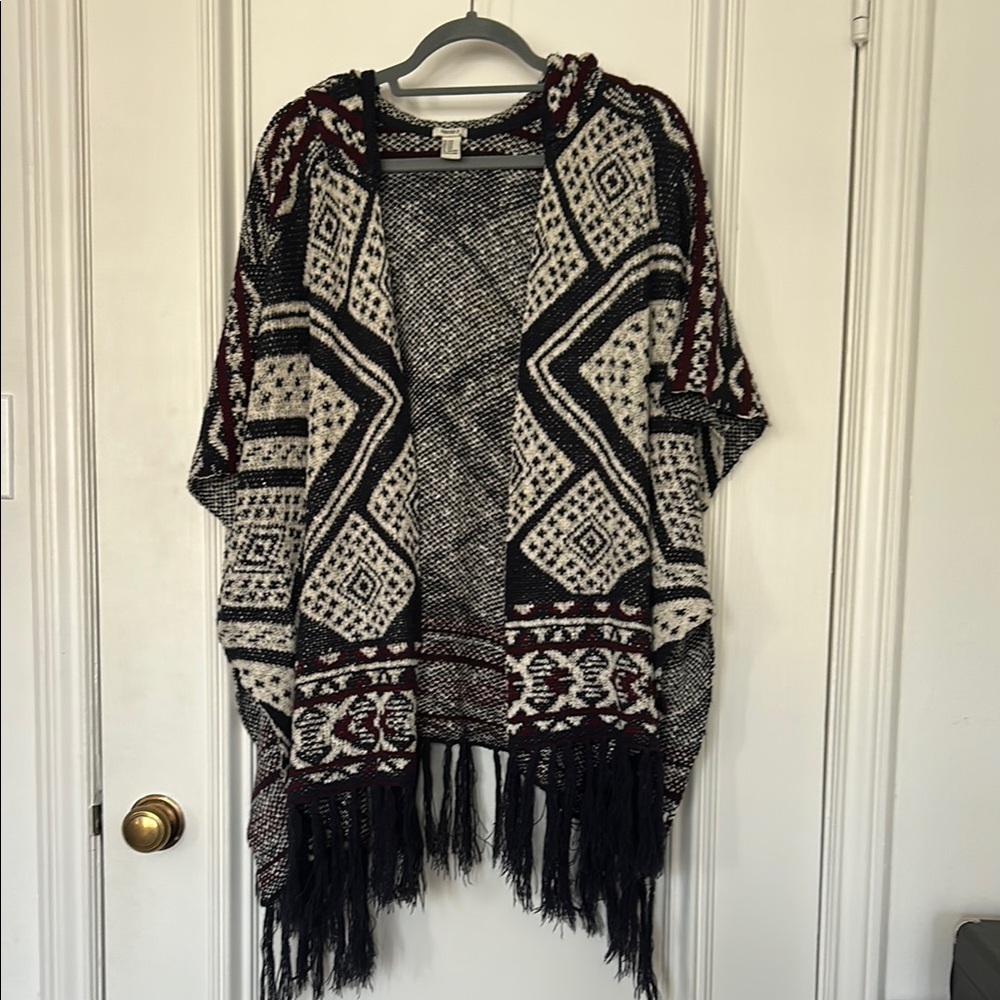 Forever 21 Black & Red Hooded Open Front Cardigan w Fringe